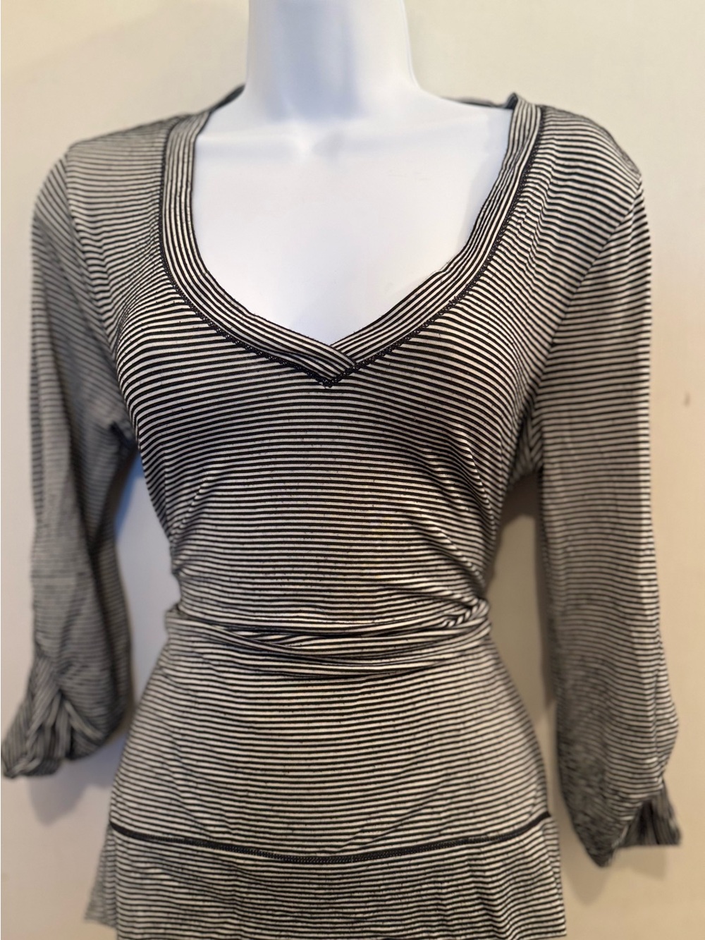 Petite Studio Black & White Striped V-Neck Long Sleeve Top